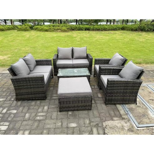Fimous 7 Seater Dark Grey Mixed High Back Rattan Sofa Set Rectangular Coffee Table Garden Furniture Outdoor Patio