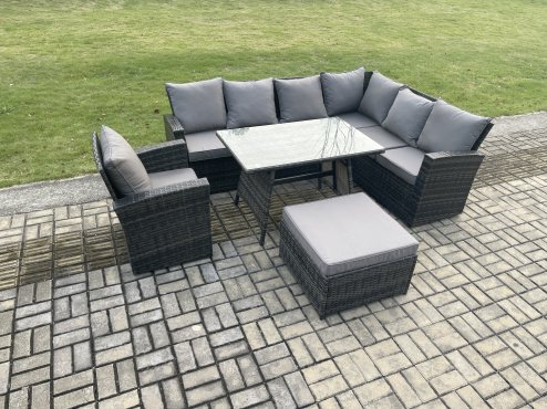 Fimous High Back Outdoor Garden Furniture Set Rattan Corner Sofa Dining Table Set With Armchair Big Footstool 8 Seater Dark Grey Mixed