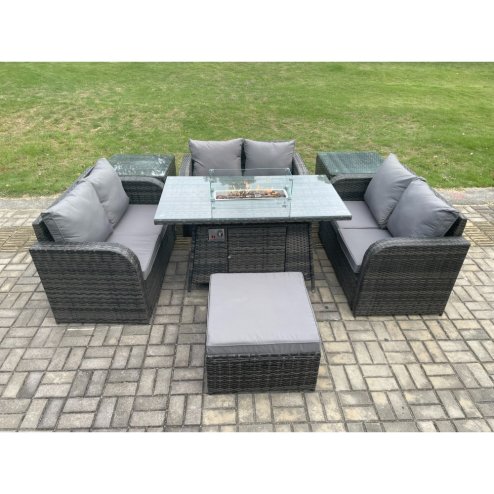 Fimous Rattan Outdoor Garden Furniture Sofa Set Gas Fire Pit Dining Table Gas Heater with 2 Side Tables Love Sofa Big Footstool Dark Grey Mixed