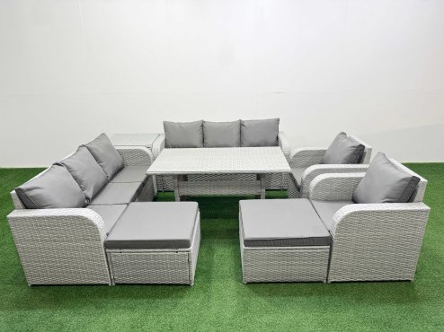 Fimous PE Rattan High Back Lounge Sofa Set Patio Rectangular Dining Table & Chairs Set with 3 Seater Sofa Reclining Chair 2 Big Footstool Side Table Light Grey