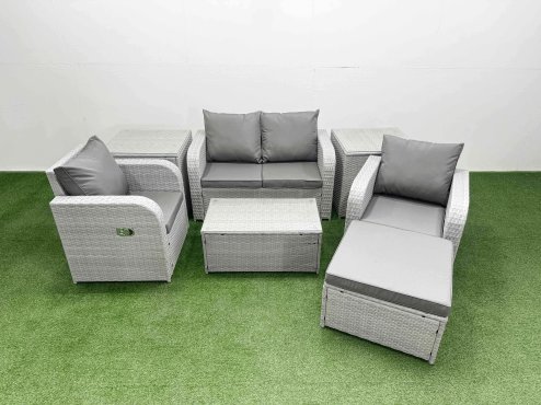 Fimous Light Grey PE Wicker Rattan Garden Furniture Set Sofa Set Reclining Adjustable Chair Rectangular Coffee Table 5 Seater With Footstool 2 Side Table
