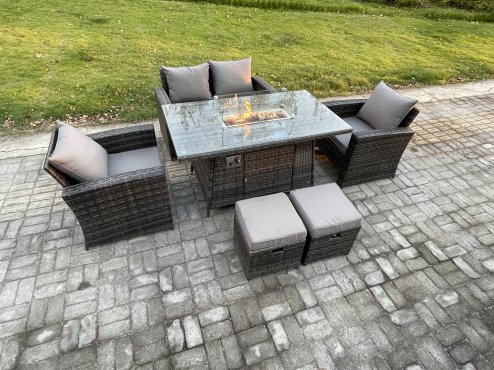 Fimous 6 Seater?Outdoor Rattan Sofa Set Garden Furniture Gas Firepit Dining Table Heater with 2 Small Footstools Dark Grey Mixed