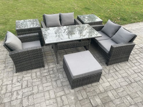 Fimous Wicker Rattan Garden Dining Set Outdoor Furniture Sofa with Dining Table Double Seat Sofa 2 Side Tables Big Footstool Dark Grey Mixed