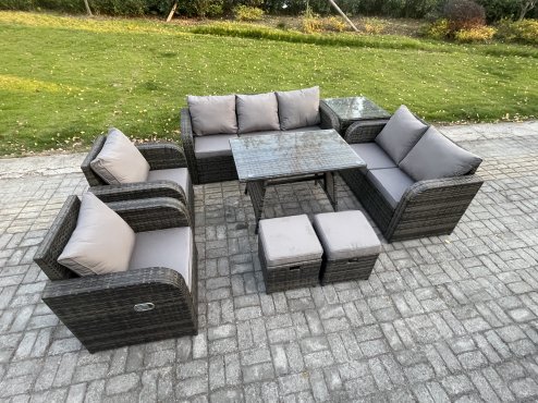 Fimous 9 Seater High Back PE Rattan Sofa Set Outdoor Garden Furniture Dining Table Set With Reclining Chair 3 Seater Sofa Love Sofa 2 Small Footstools Side Table