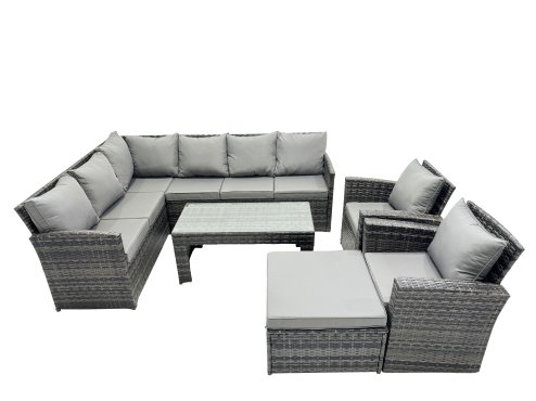 Fimous 9 Seat Poly Rattan Outdoor Patio Oblong Coffee Table Corner Sofa Set with Big Stool 2 Chairs for Garden Backyard Dark Grey Mixed