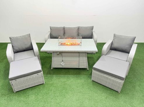 Fimous PE Rattan Garden Furniture Set Reclining Chair Sofa Lounge Sofa Set Firepit Dining Table 2 Big Footstool Light Grey
