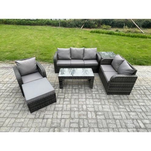 Fimous 7 Seater Outdoor Rattan Garden Furniture Set Rattan Lounge Sofa Set with Rectangular Coffee Table Reclining Chair Big Footstool Side Table Dark Grey Mixed