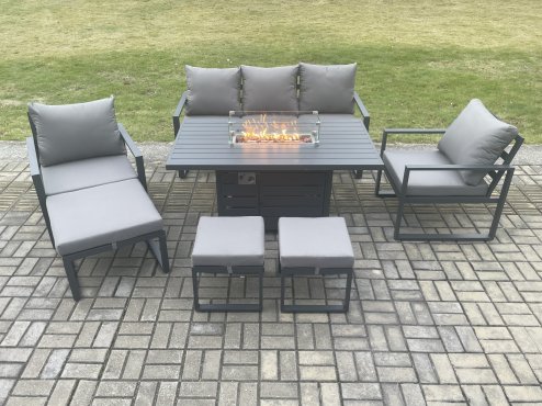 Fimous Aluminium Patio Outdoor Garden Furniture Lounge Sofa Set Gas Fire Pit Dining Table with 3 Footstools Dark Grey