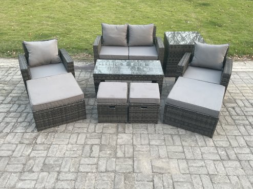 Fimous High Back Rattan Garden Furniture Sofa Sets with Rectangular Coffee Table Side Table Armchair 2 Big Footstool 2 Small Footstools Dark Grey Mixed