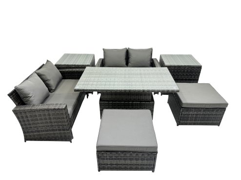 Fimous Outdoor Love Sofa Set 6 Seat Rattan Garden Furniture Set with Adjustable Lifting Dining or Coffee Table Big Stool Dark Grey Mixed