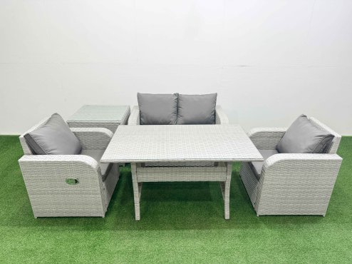 Fimous Light Grey PE Wicker Rattan Garden Furniture Set Sofa Set Reclining Chair Rectangular Dining Table 4 Seater With Side Table