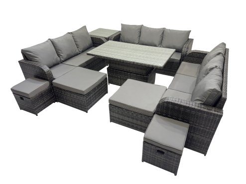 Fimous Rattan Garden Furniture Dining Set 13-seater Patio Height Adjustable Rising Lifting Table Sofa Set with Side Table Dark Grey Mixed