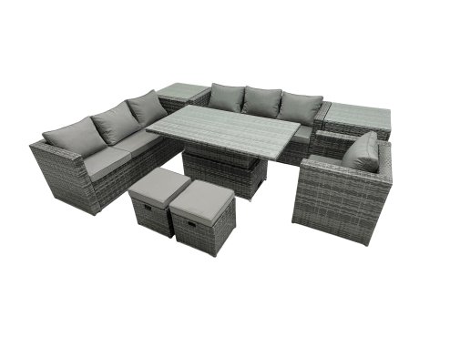 Fimous Rattan Dining Table Sofa Set with Armchair 2 Small Stools Outdoor 9 Seat Garden Furniture Set Dark Grey Mixed