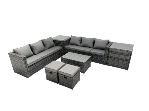Fimous Rattan Garden Furniture Dining Set 8-seater Patio Coffee Table Sofa Set with Side Table 2 Small Footstools Dark Grey Mixed