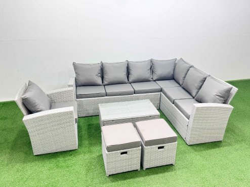 Fimous Garden Outdoor PE Rattan Furniture Set 9 Seater Rattan Garden Sofa Set with 2 Small Footstools Light Grey Mixed