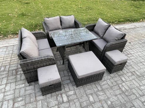 Fimous Outdoor Rattan Garden Furniture Set 9 Seater Patio Love Sofa Set with Rectangular Dining Table 3 Footstools Dark Grey Mixed