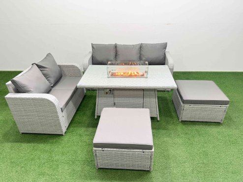 Fimous 7 Seater PE Rattan Wicker Garden Furniture Patio Conservatory Sofa Set with Firepit Dining Table 3 Seater Sofa Love Sofa 2 Big Footstool