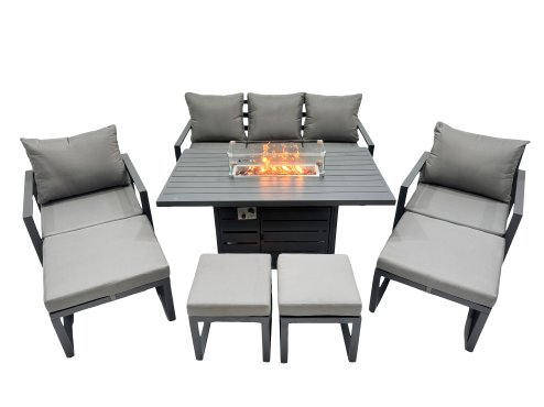 Fimous 9 Seat Outdoor Garden Furniture Set Aluminium Lounge 3 Seat Sofa Gas Fire Pit Table Sets with Chair 4 Stools Dark Grey