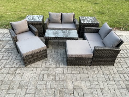 Fimous 7 Seater Outdoor Rattan Patio Furniture Set Garden Lounge Sofa Set with 2 Side Tables 2 Big Footstool Coffee Table Dark Grey Mixed