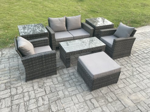 Fimous 5 Seater Outdoor Rattan Garden Furniture Set Patio Lounge Sofa Set with Coffee Table 2 Side Tables Big Footstool Dark Grey Mixed