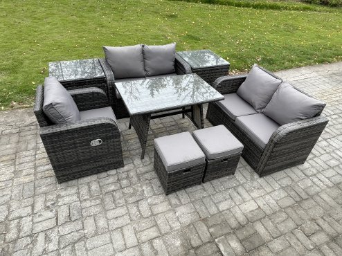 Fimous 7 Seater Outdoor Garden Dining Sets Rattan Furniture With Dining Table Armchairs Love Sofa 2 Small Footstools 2 Side Tables Dark Grey Mixed
