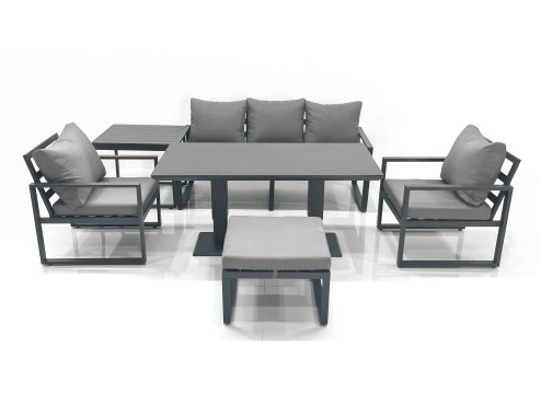 Fimous Outdoor Aluminium Garden Furniture Set with Adjustable Rising Lifting Dining Table 3 Seater Sofa 2 Chair Big Footstool Side Table Dark Grey