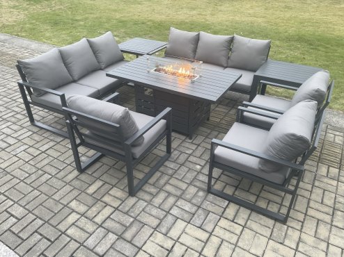 Fimous Aluminium Garden Furniture Outdoor Set Patio Lounge Sofa Gas Fire Pit Dining Table Set with 3 Armchair 2 Side Table Dark Grey