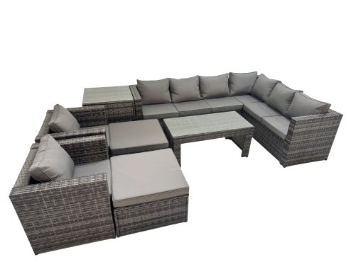 Fimous Outdoor Rattan Oblong Coffee Table Corner Sofa Sets Garden Furniture Set with 2 Chairs 2 Big Stools Side Table Dark Grey Mixed