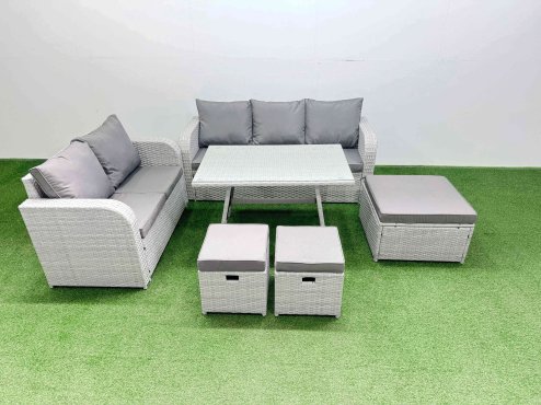 Fimous Outdoor PE Rattan Garden Furniture Set Rectangular Dining Table Sofa Set with 3 Stool Light Grey