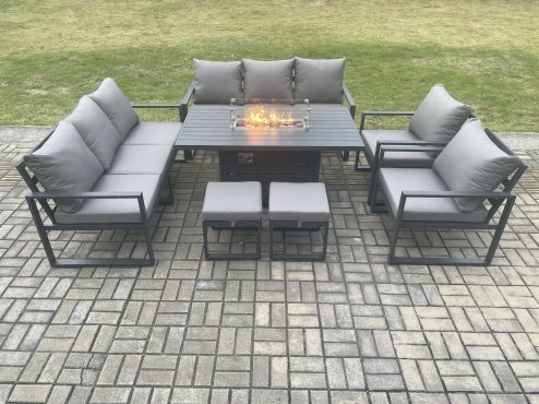 Fimous Aluminium Outdoor Garden Furniture Set Patio Lounge Sofa Gas Fire Pit Dining Table Set with 2 Small Footstools Dark Grey