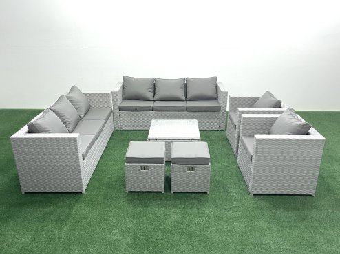 Fimous Outdoor Rattan Sofa Garden Furniture Set with 2 Armchairs Square Coffee Table 2 Small Footstools Light Grey Mixed