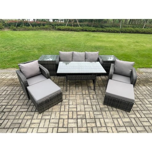 Fimous Rattan Outdoor Garden Furniture Set Rectangular Dining Table and Chair Sofa Set With 2 Side Tables 2 Big Footstool 7 Seater Dark Grey Mixed