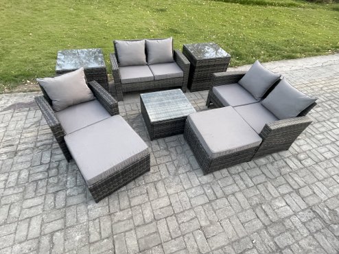 Fimous 7 Seater Outdoor Rattan Garden Furniture Set Conservatory Patio Sofa Coffee Table Set with Chair 2 Side Tables 2 Big Footstool Dark Grey Mixed