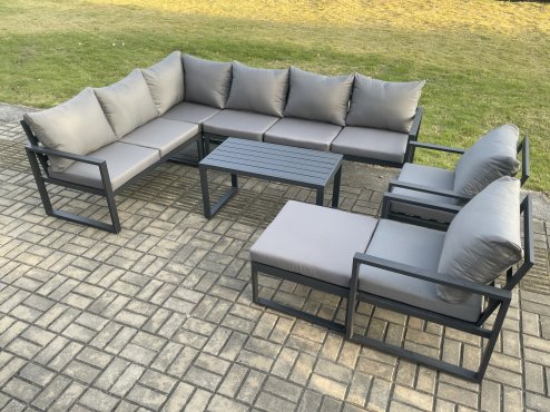 Fimous Aluminium Garden Furniture Set Outdoor Indoor Lounge Corner Sofa 2 Pcs Chair Oblong Coffee Table Sets with Big Footstool Dark Grey