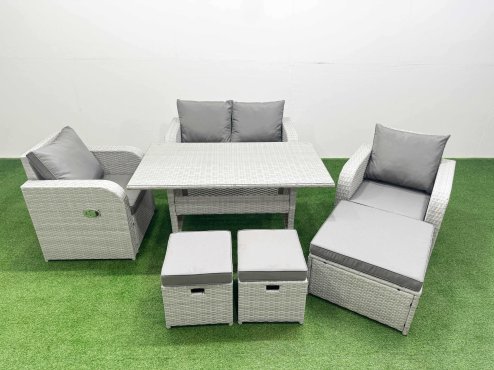 Fimous Light Grey PE Wicker Rattan Garden Furniture Set Sofa Set Reclining Chair Rectangular Dining Table 7 Seater 3 Stools