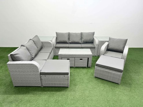 Fimous Outdoor Garden Furniture Set PE Rattan 3 Seater Sofa Reclining Chair Set with Oblong Coffee Table 4 Footstools 2 Side Tables Light Grey