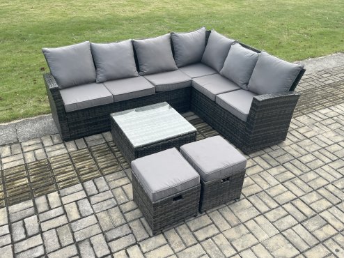 Fimous Rattan Garden Furniture Set Outdoor Lounge Corner Sofa Set With Square Coffee Table 2 Small Footstools 8 Seater Dark Grey Mixed