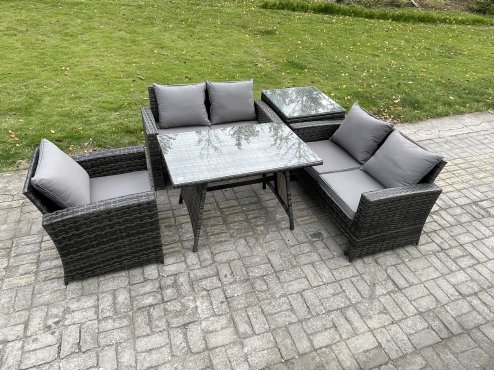 Fimous Wicker PE Rattan Garden Dining Set Outdoor Furniture Sofa with Rectangular Dining Table Love Seat Sofa Side Table Dark Grey Mixed