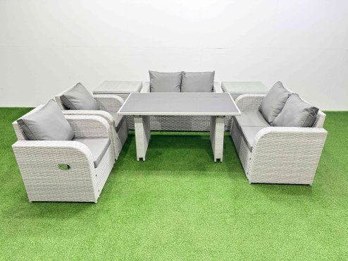 Fimous Outdoor PE Rattan Sofa Reclining Chair Set Patio Garden Furniture Sets with Cushions 2 Side Tables Light Grey 7 Pieces