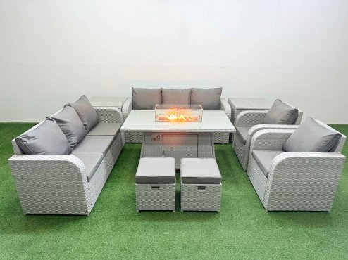 Fimous PE Rattan High Back Lounge Sofa Set Patio Firepit Dining Table & Chairs Set with 3 Seater Sofa Reclining Chair Stools 2 Side Table Light Grey