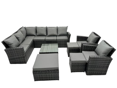 Fimous 11 Seat Poly Rattan Outdoor Patio Coffee Table Corner Sofa Set with 3 Stool 2 Chairs for Garden Backyard Dark Grey Mixed