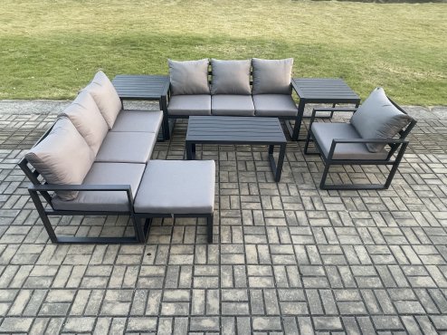Fimous Aluminium 8 Seater Garden Furniture Outdoor Patio Sofa Set with Rectangular Coffee Table Armchair Big Footstool 2 Side Tables Dark Grey