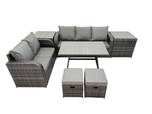 Fimous Garden Rattan Outdoor Furniture Set 7 Seater with Love Sofa 3 Seater Sofa 2 Side Table 2 Small Stools Dark Grey