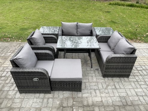 Fimous Wicker PE Rattan Garden Dining Set Outdoor Furniture Sofa with Rectangular Dining Table 2 Side Tables Big Footstool Dark Grey Mixed