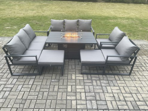 Fimous Aluminium Outdoor Garden Furniture Set Patio Lounge Sofa Gas Fire Pit Dining Table Set with 2 Big Footstools Dark Grey