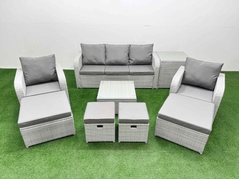 Fimous Outdoor Garden Furniture Set PE Rattan Lounge Sofa Set with Coffee Table 3 Seater Sofa 4 Footstools Side Table Light Grey