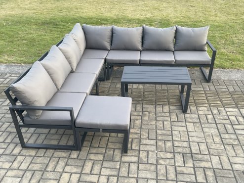 Fimous Aluminium Patio Outdoor Garden Furniture Lounge Corner Sofa Set with Oblong Coffee Table Big Footstool Dark Grey