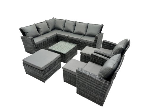 Fimous 11 Seat Poly Rattan Outdoor Patio Coffee Table Corner Sofa Set with 3 Stool 2 Chairs for Garden Backyard Dark Grey Mixed