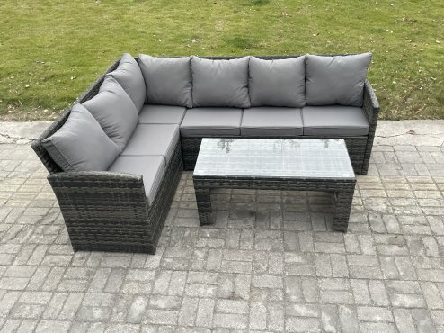 Fimous 6 Seater Outdoor Rattan Garden Furniture Set Corner Sofa Oblong Coffee Table Sets Dark Grey Mixed