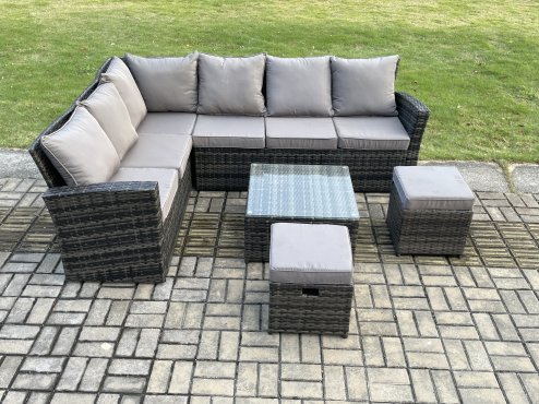 Fimous 8 Seater Outdoor Furniture Garden Dining Set Rattan Corner Sofa Set with Square Coffee Table 2 Small Footstools Dark Grey Mixed